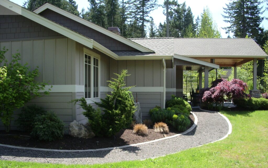 Landscaped gravel path from front to back porch in Gig Harbor, WA