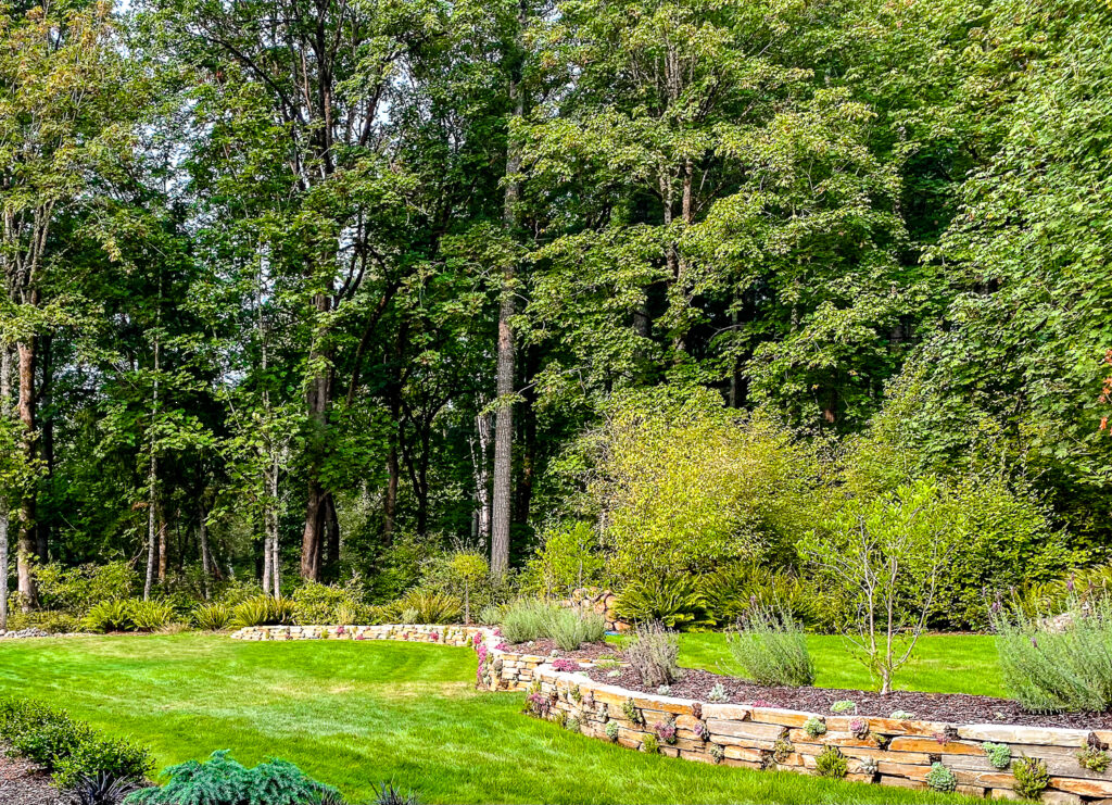 Individually designed stone plantings in wall elevated above lawn in Gig Harbor, WA