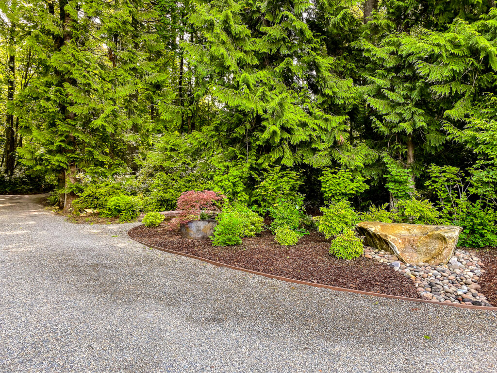 Birds love the large granite dish rock in planting bed in Gig Harbor, WA