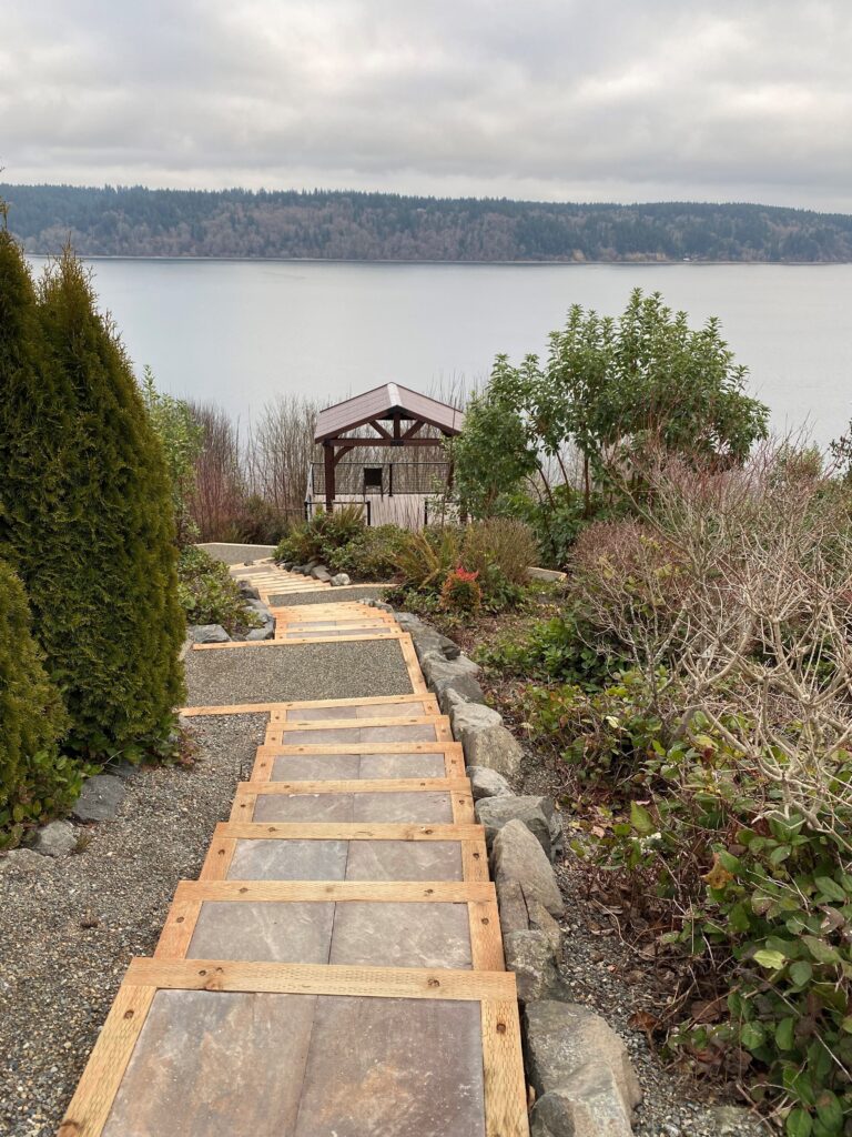Architectural steps to covered pergola in Gig Harbor, WA